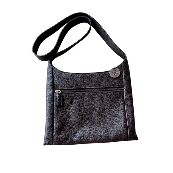 Vtg The Sak Pure Leather Pebbled Brown Shoulder Bag Purse Logo Charm Hobo Y2K - Picture 2 of 13